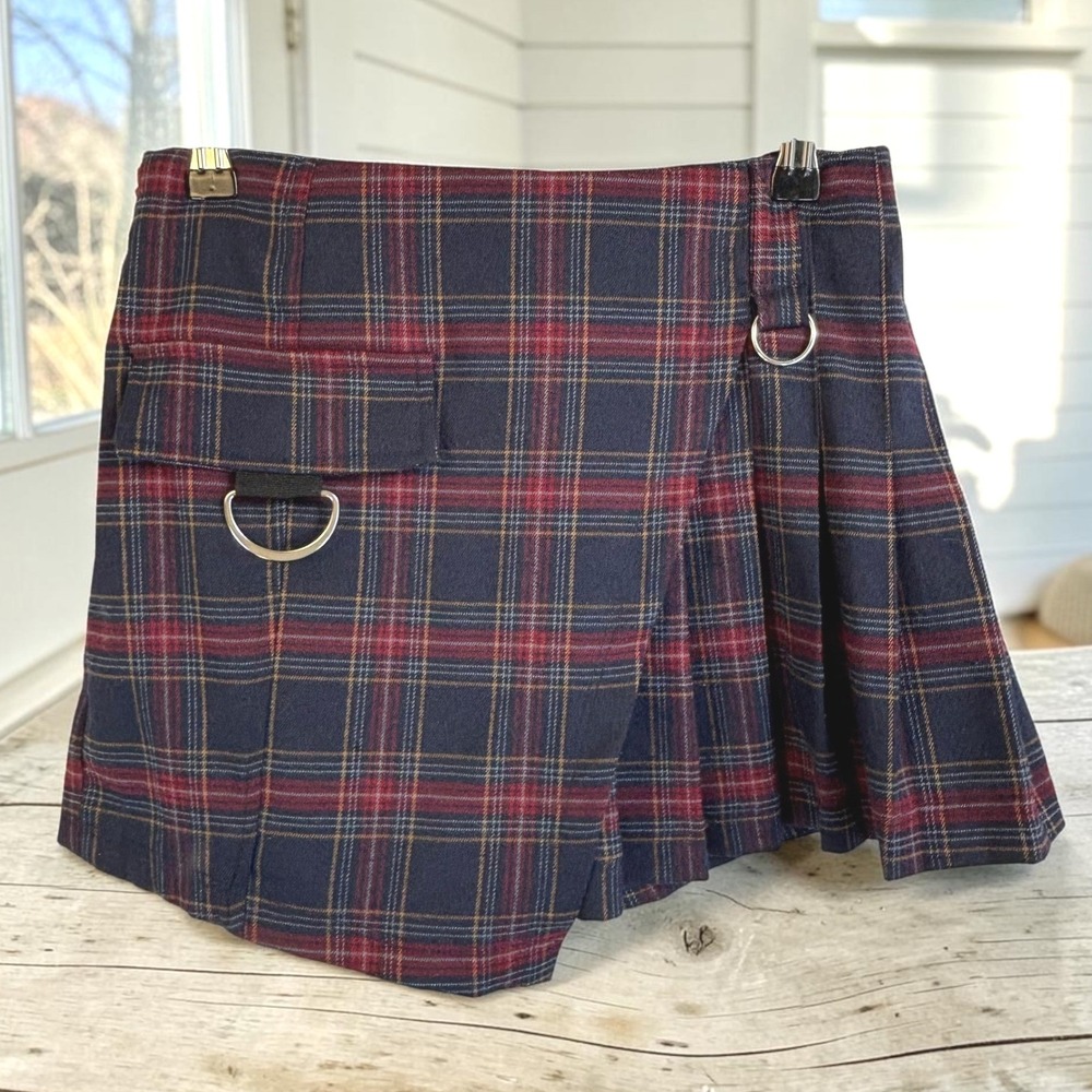 Plaid Pleated Mini Skort Cali 1850 M Navy Spandex D-Ring Grunge Punk Alt Skirt